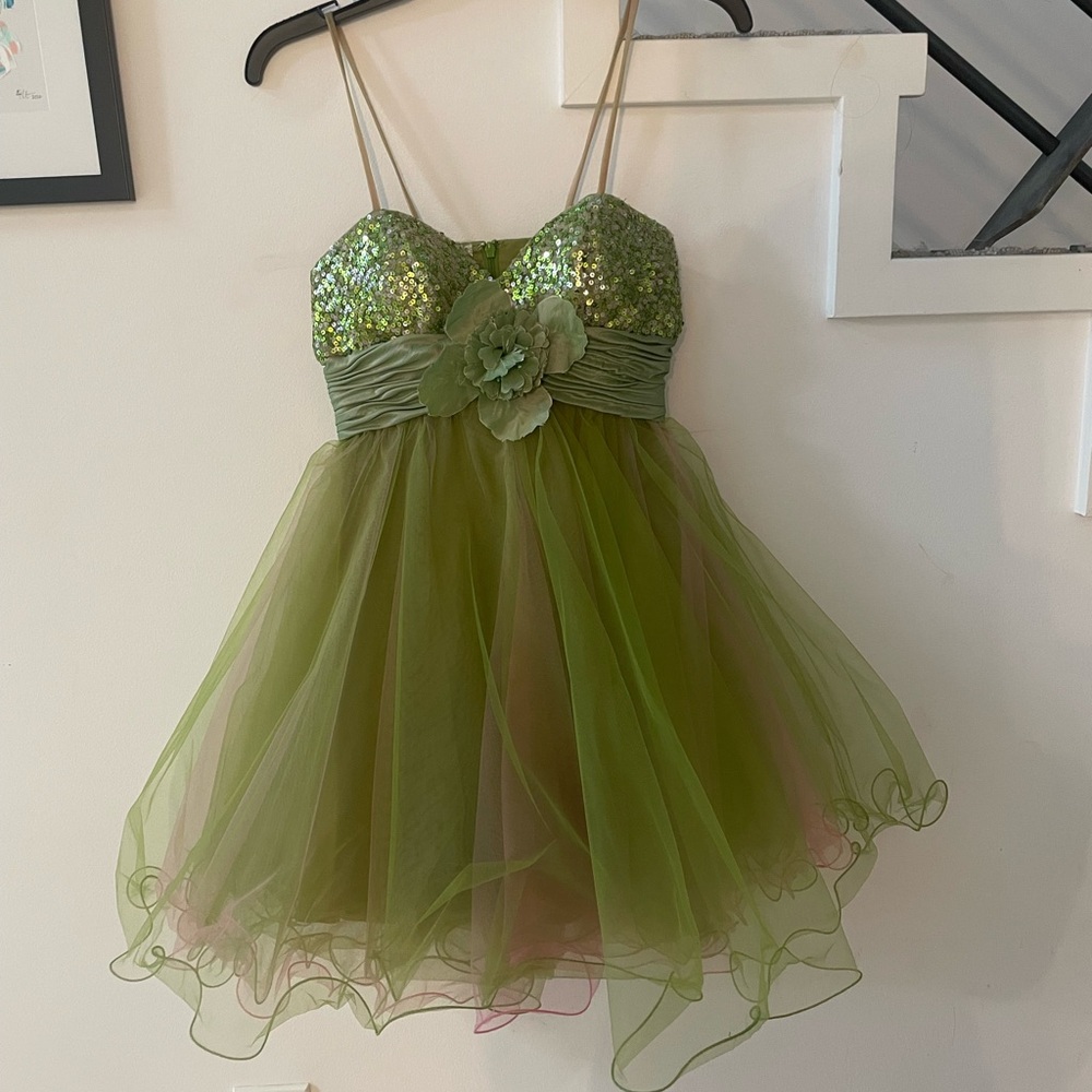 Sherri Hill pink and green short sequin tulle dress